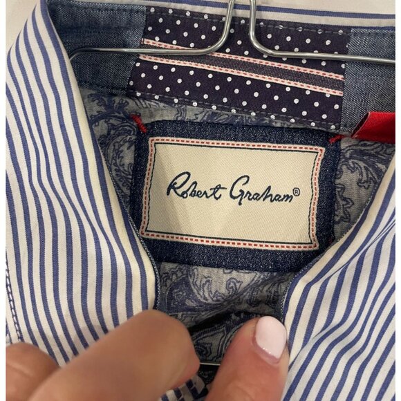 Robert Graham Blue Pinstripe Button Down Shirt Paisley Contrast Size Large - Picture 4 of 13